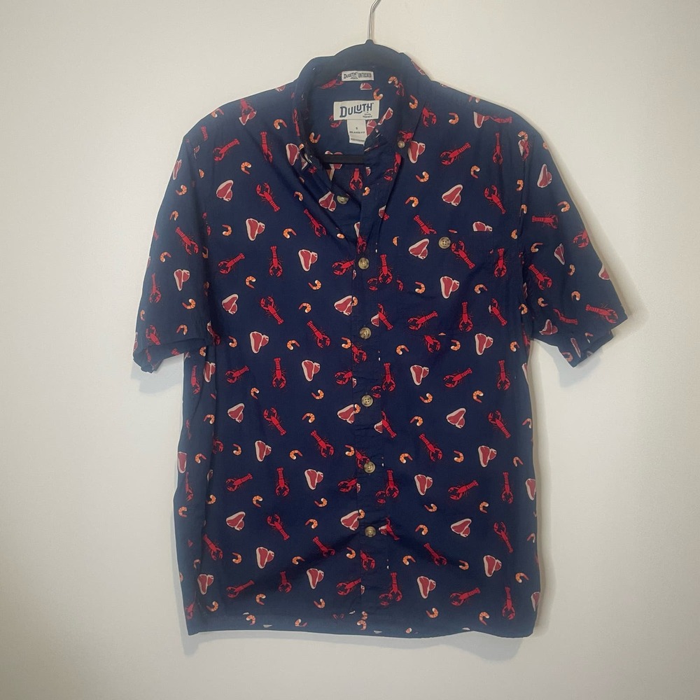 Duluth Trading Co Steak Lobster Shrimp Button Front Shirt size Small